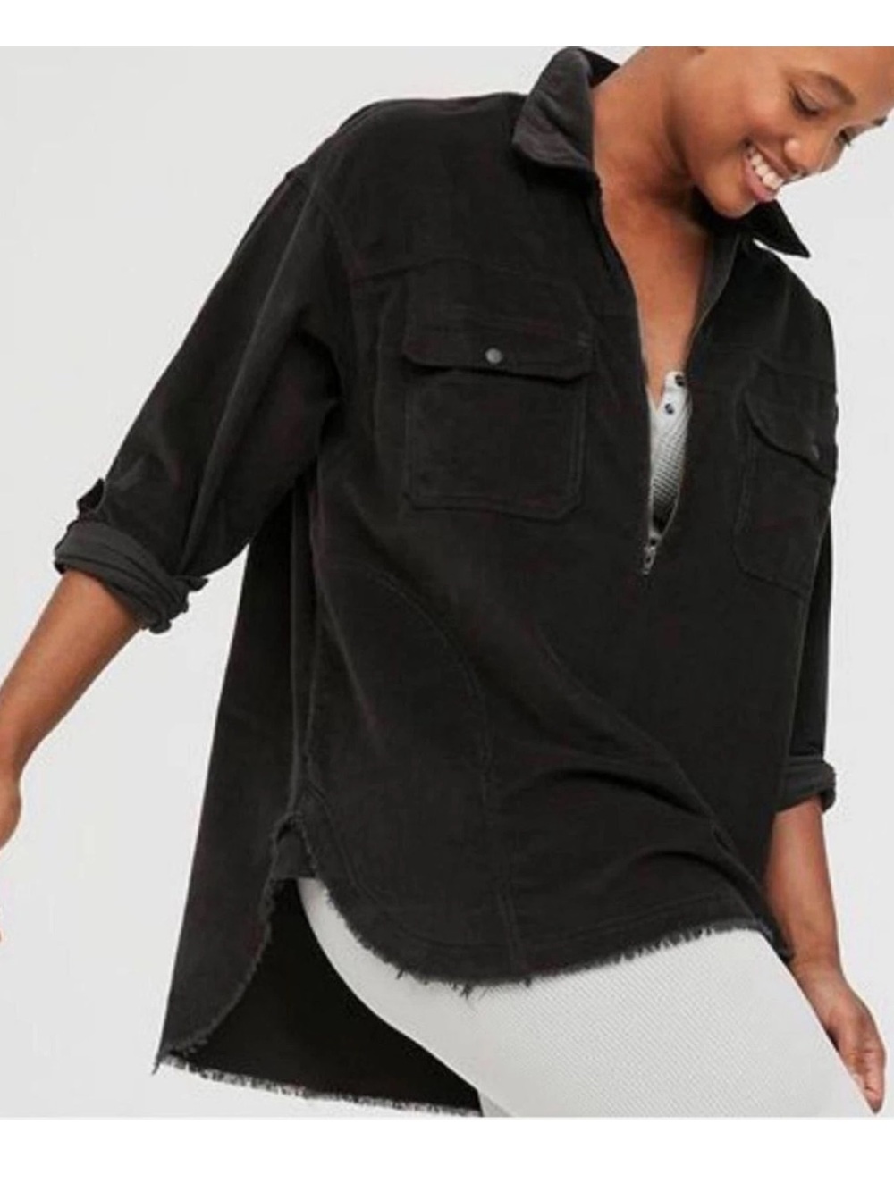 Offline by Aerie Black Corduroy Quarter Zip Oversized Jacket Size Small